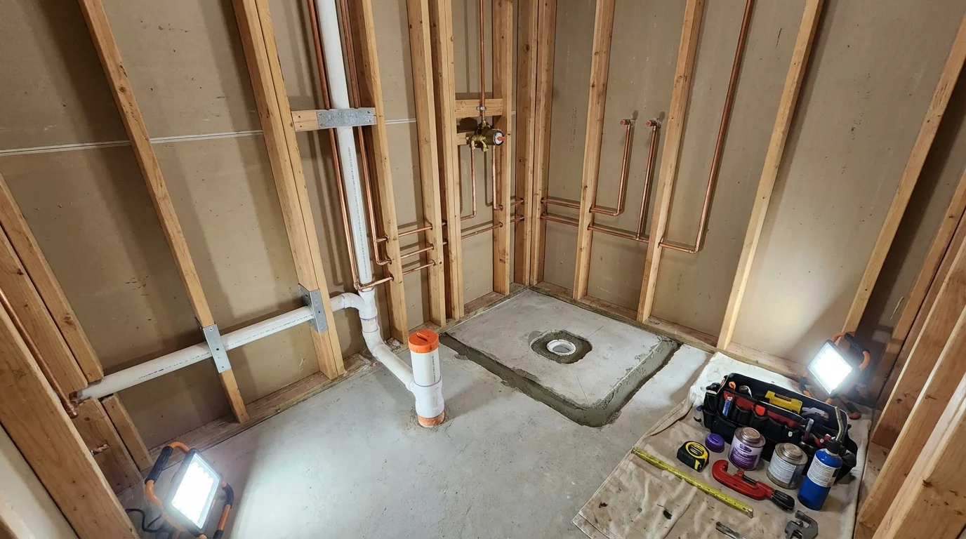 Bathroom rough-in plumbing during remodel by Johns Plumbing LLC in Round Rock