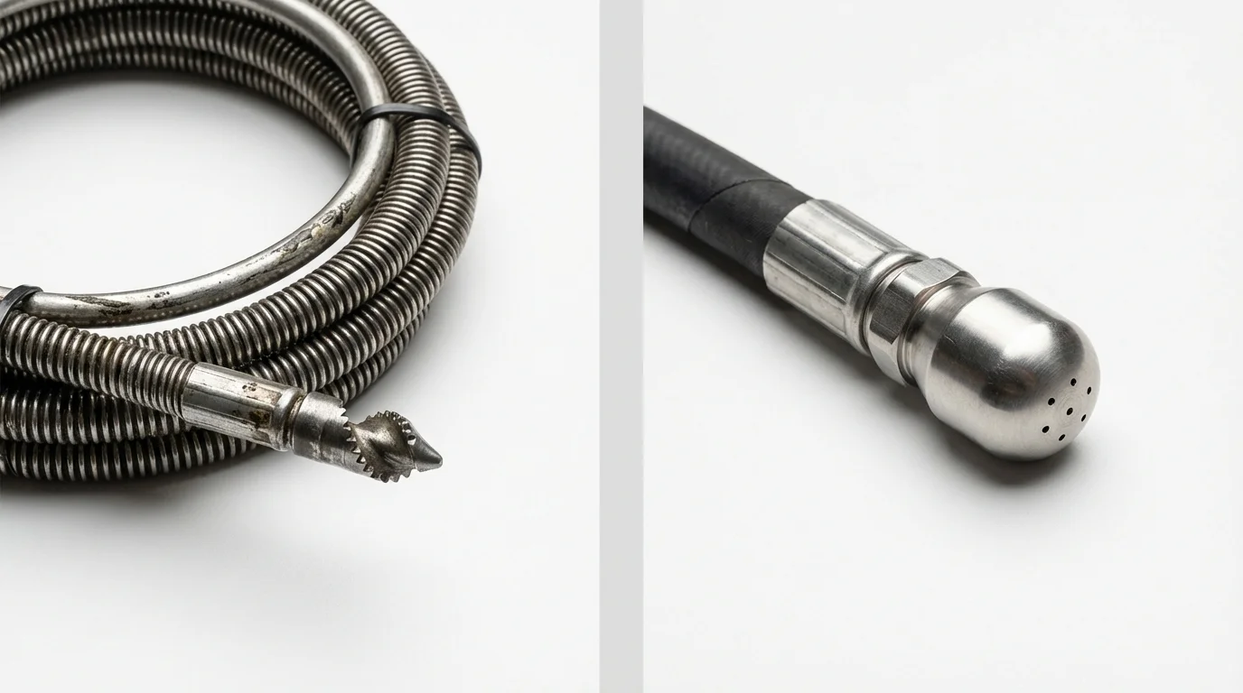 Drain snake cable and hydro jetting nozzle used for drain cleaning in Round Rock, TX