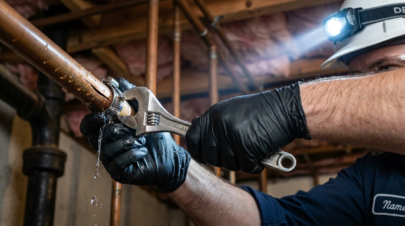 Emergency pipe clamp repair being performed by a Johns Plumbing LLC plumber in Round Rock