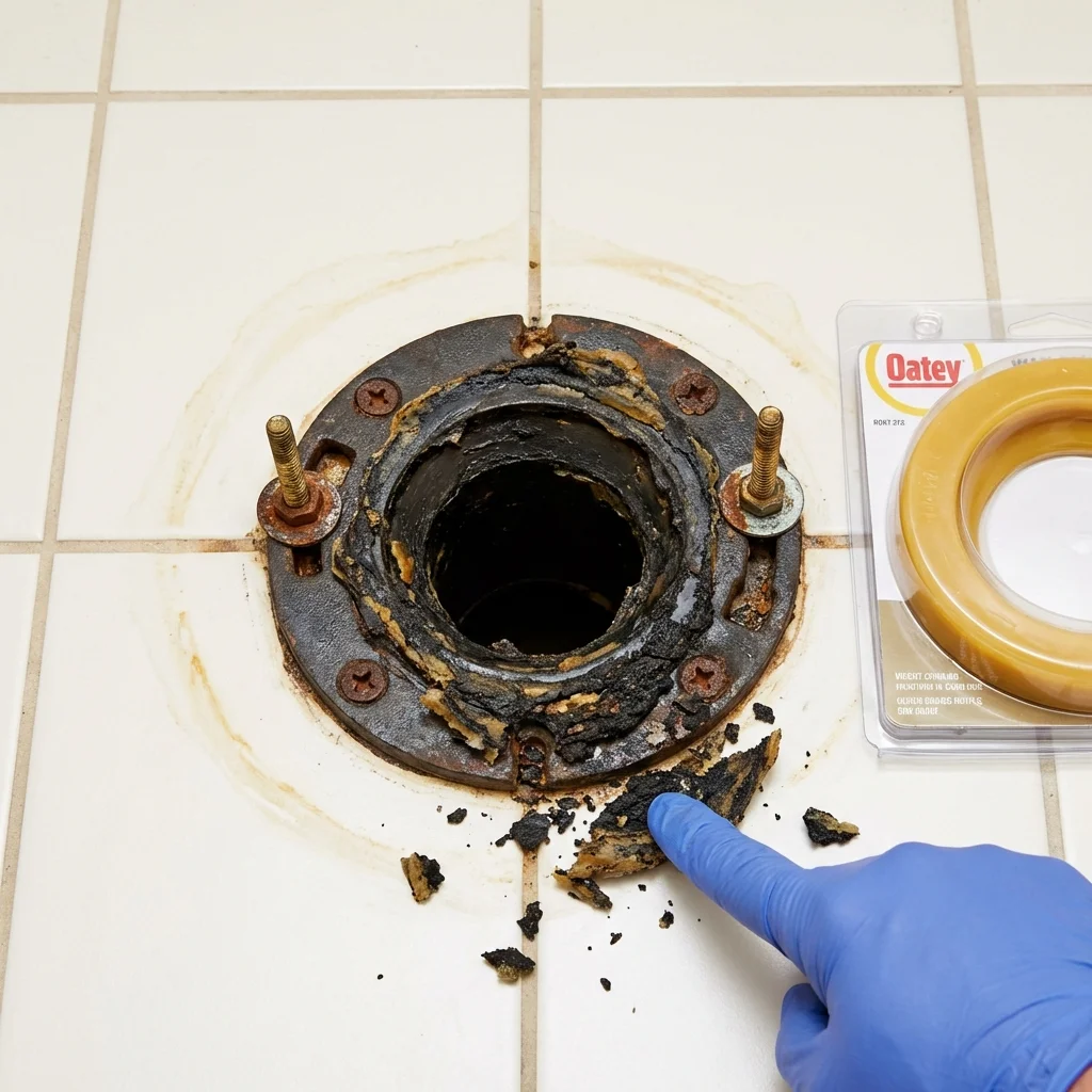 Failed wax ring showing water seepage at the base of a toilet in a Round Rock, TX home