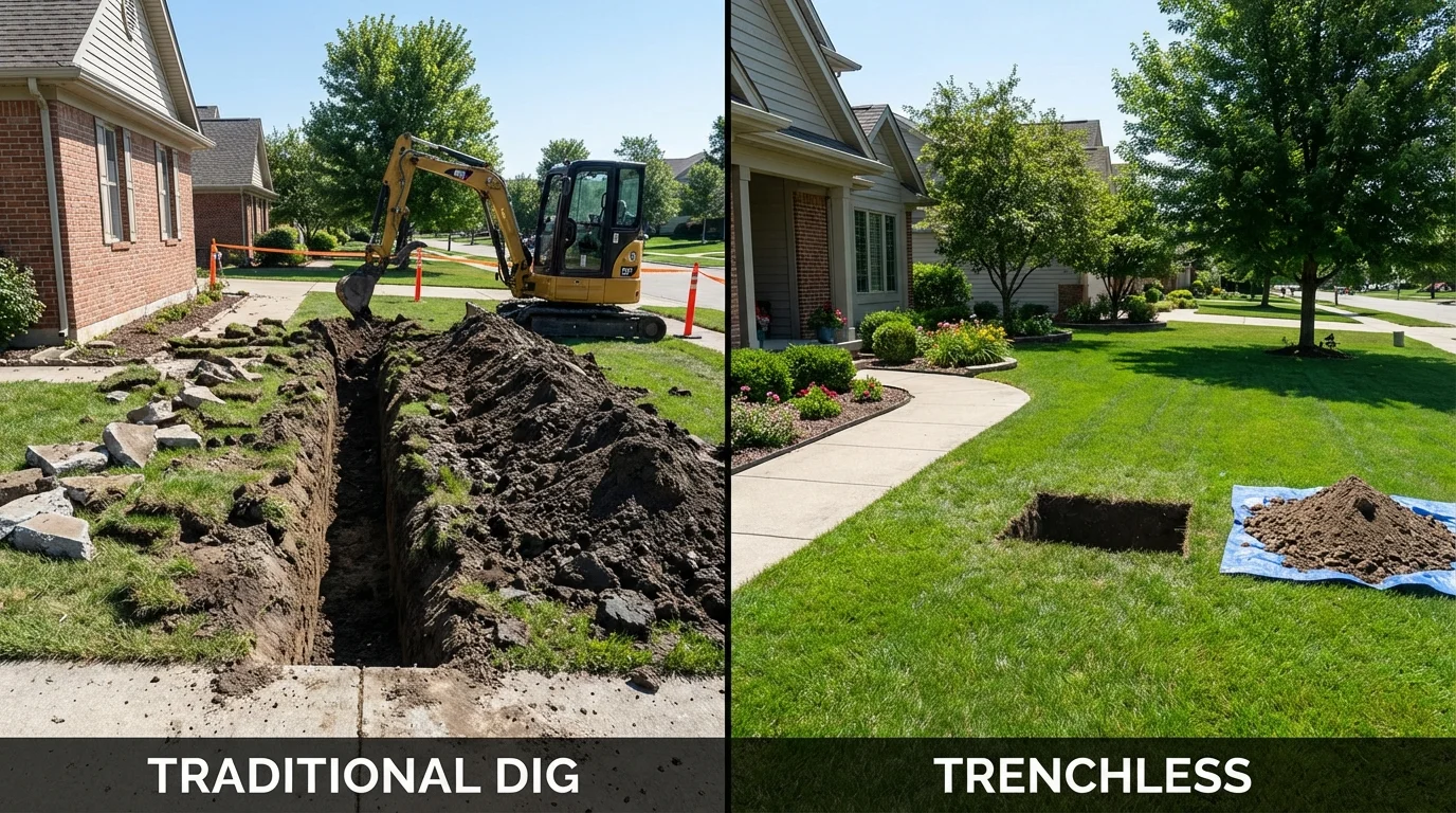 Trenchless sewer repair with minimal yard damage versus traditional excavation in Round Rock, TX