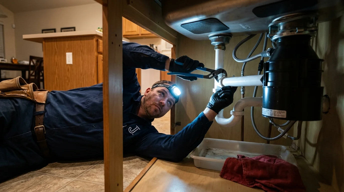 P-trap and supply line connections under a kitchen sink showing a common leak point in Round Rock, TX